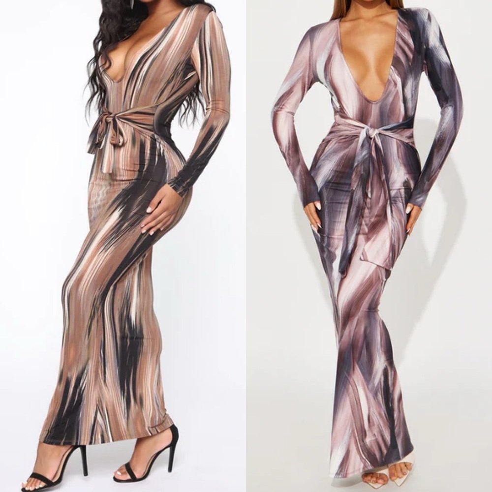 Fashion Nova Mind Of My Own Maxi Dress Brown/combo Stretch Deep cleavage belted - Picture 1 of 9